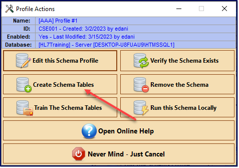 Actions Menu: Create Schema Tables Actions Menu: Create Schema Tables